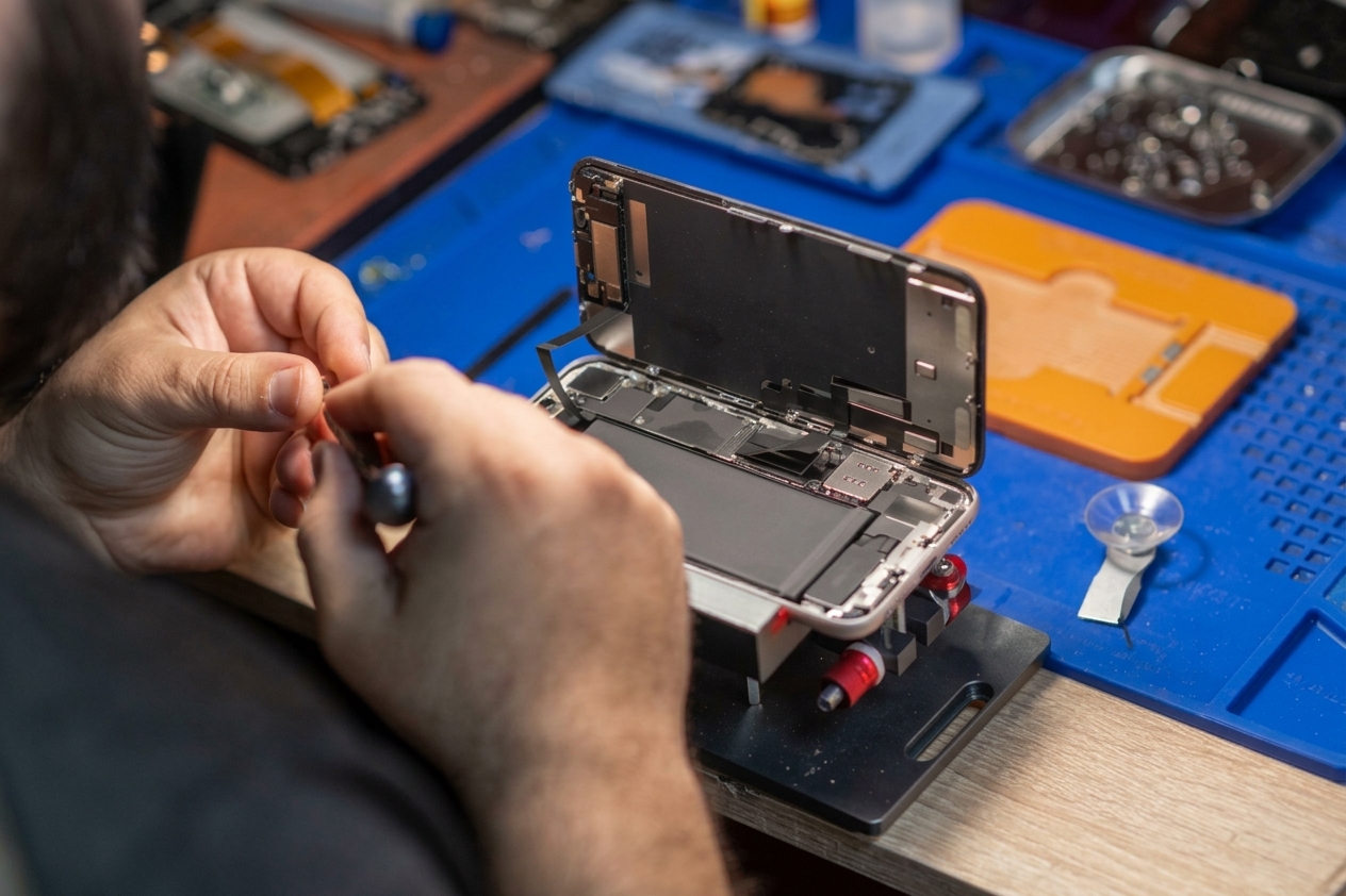 Mãos realizando reparo em um iPhone aberto sobre a bancada